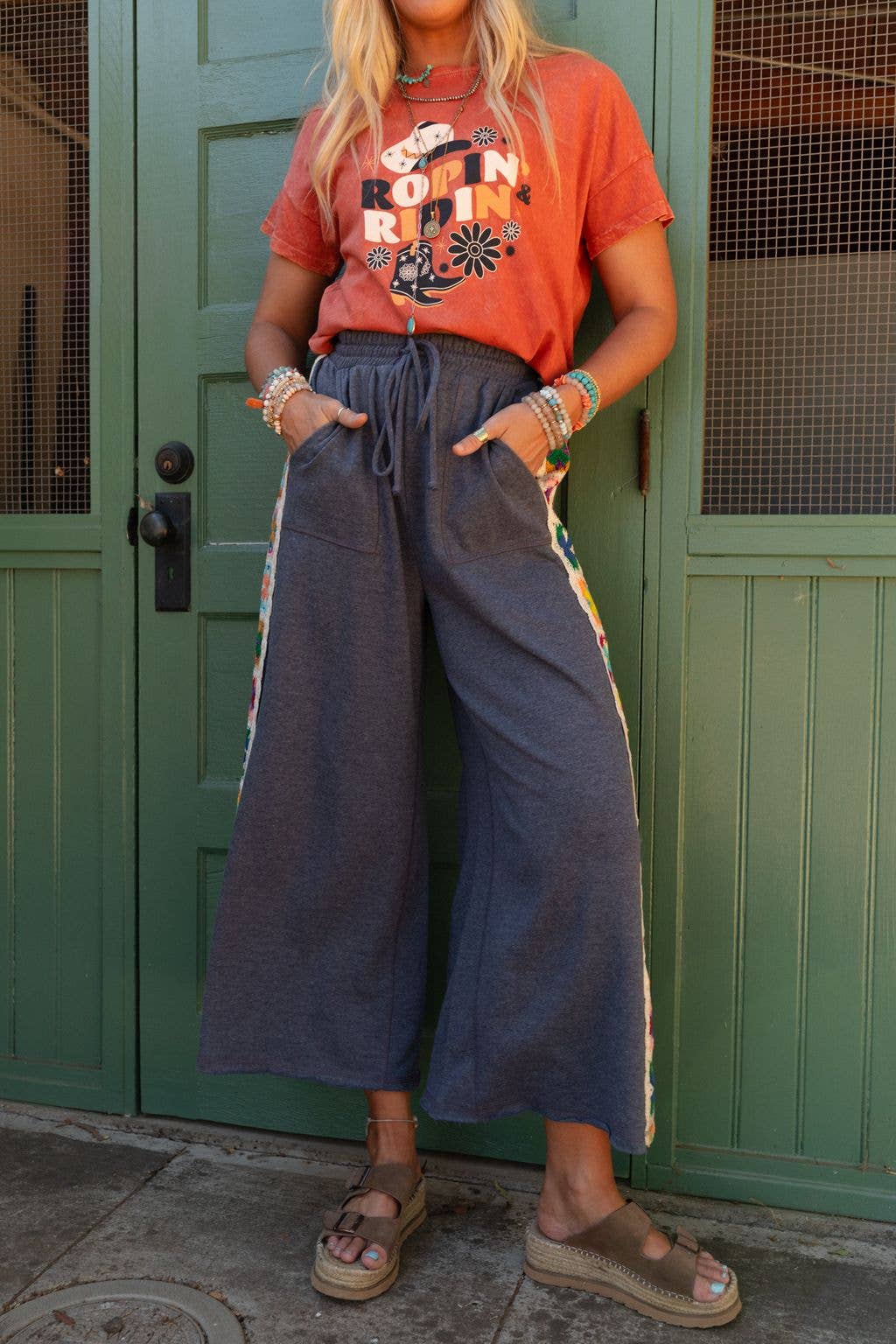 Love Seeker Crochet Panel Pants - Heather Navy: