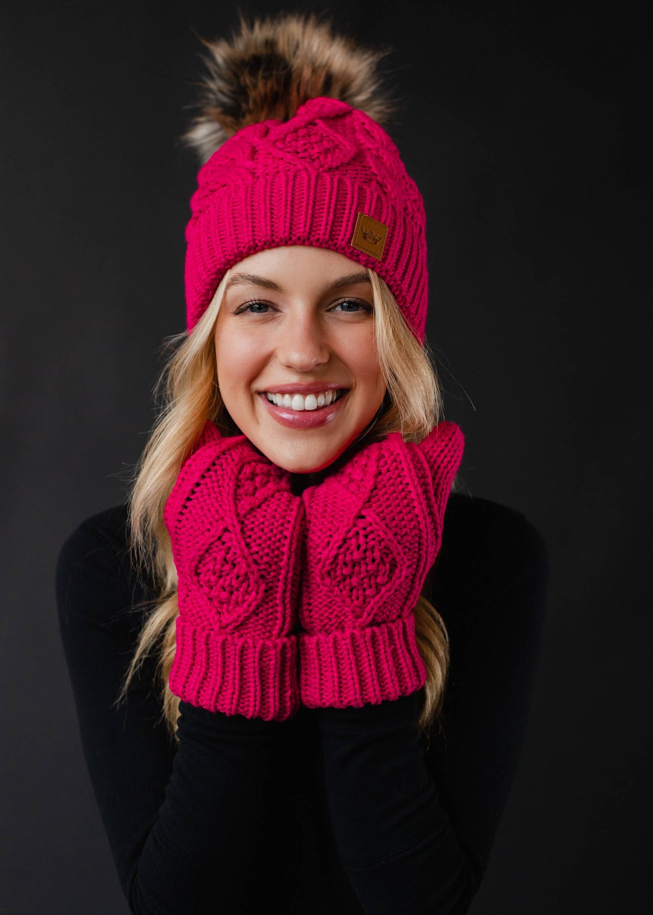 Bright Pink Cable Knit Pom Hat