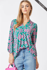 Thumbnail for PLUS SIZE 3/4 Sleeve Lizzy Wrinkle Free Blouse: Emerald Pink