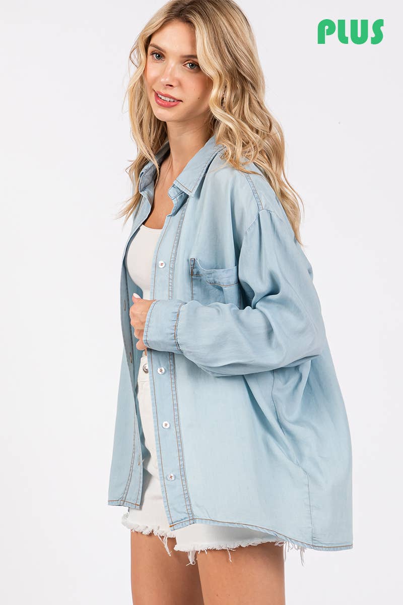 V-NECK LAPEL COLLAR PLUS SIZE SHIRT- L. Denim : LIGHT DENIM