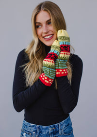 Thumbnail for Yellow, Red & Black Patterned Knit Mittens