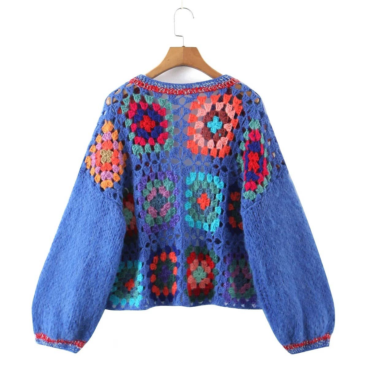 Cropped Crochet flower Sweater Cardigan: Blue