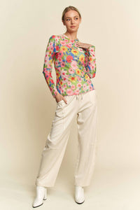 Thumbnail for FLOWER PRINTED MESH ROUND NECK LONG SLEEVE TOP