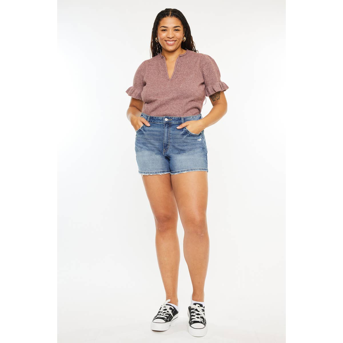 KanCan USA - Plus High Rise Mom Short Medium Stone Wash