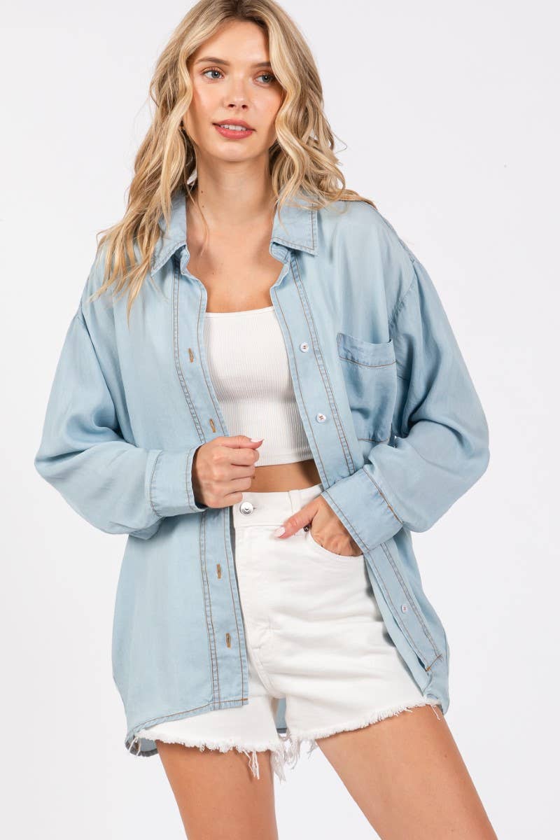 V-NECK LAPEL COLLAR PLUS SIZE SHIRT- L. Denim : LIGHT DENIM