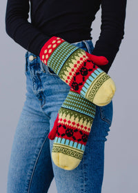 Thumbnail for Yellow, Red & Black Patterned Knit Mittens