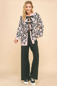 Thumbnail for LEOPARD RIBBON TIE FRONT LOOSE FIT KNIT CARDIGAN