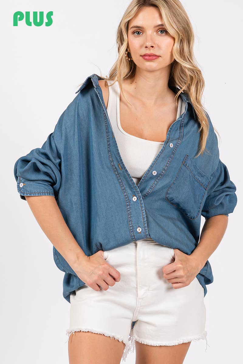 V-NECK LAPEL COLLAR PLUS SIZE SHIRT- Denim: DENIM