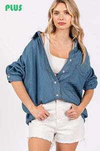 Thumbnail for V-NECK LAPEL COLLAR PLUS SIZE SHIRT- Denim: DENIM