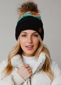 Thumbnail for Black, Green & Orange Patterned Pom Hat