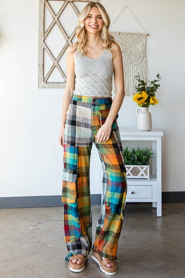 WASHED PLAID PATCHWORK PANTS