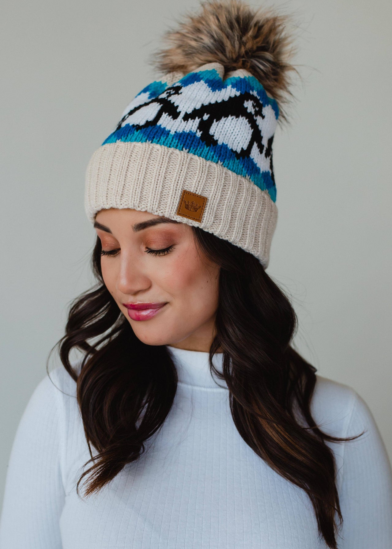 Beige & Blue Penguin Patterned Pom Hat