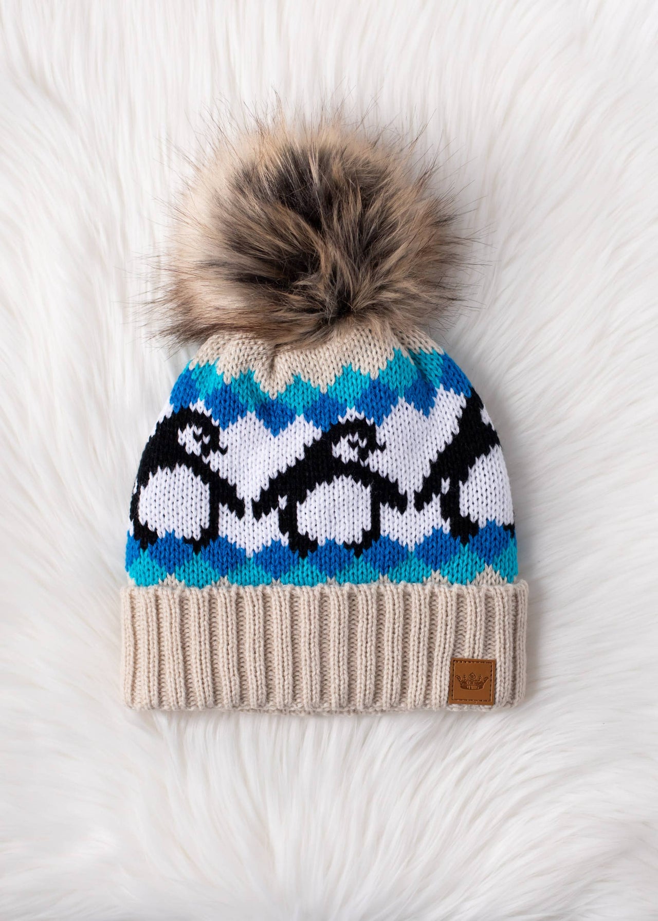 Beige & Blue Penguin Patterned Pom Hat