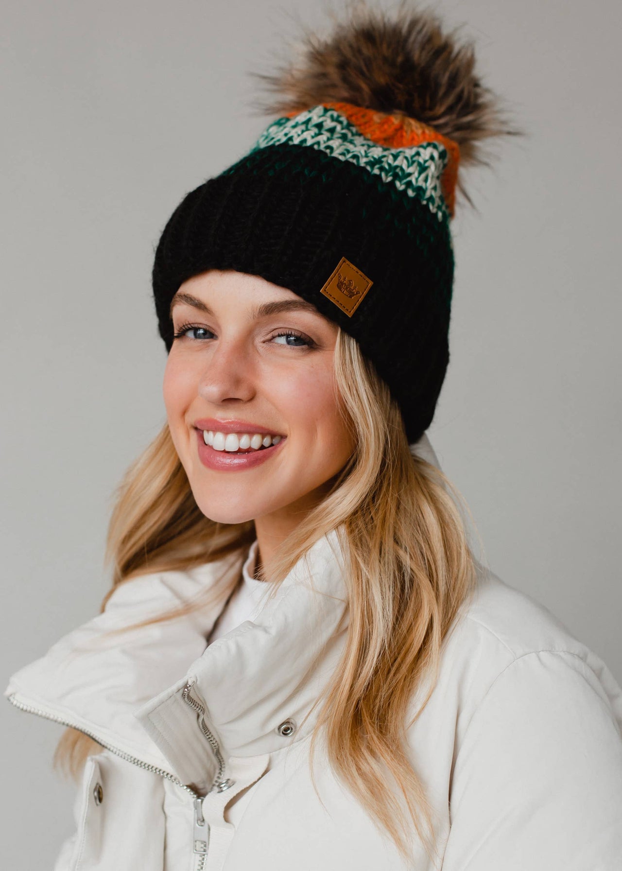 Black, Green & Orange Patterned Pom Hat