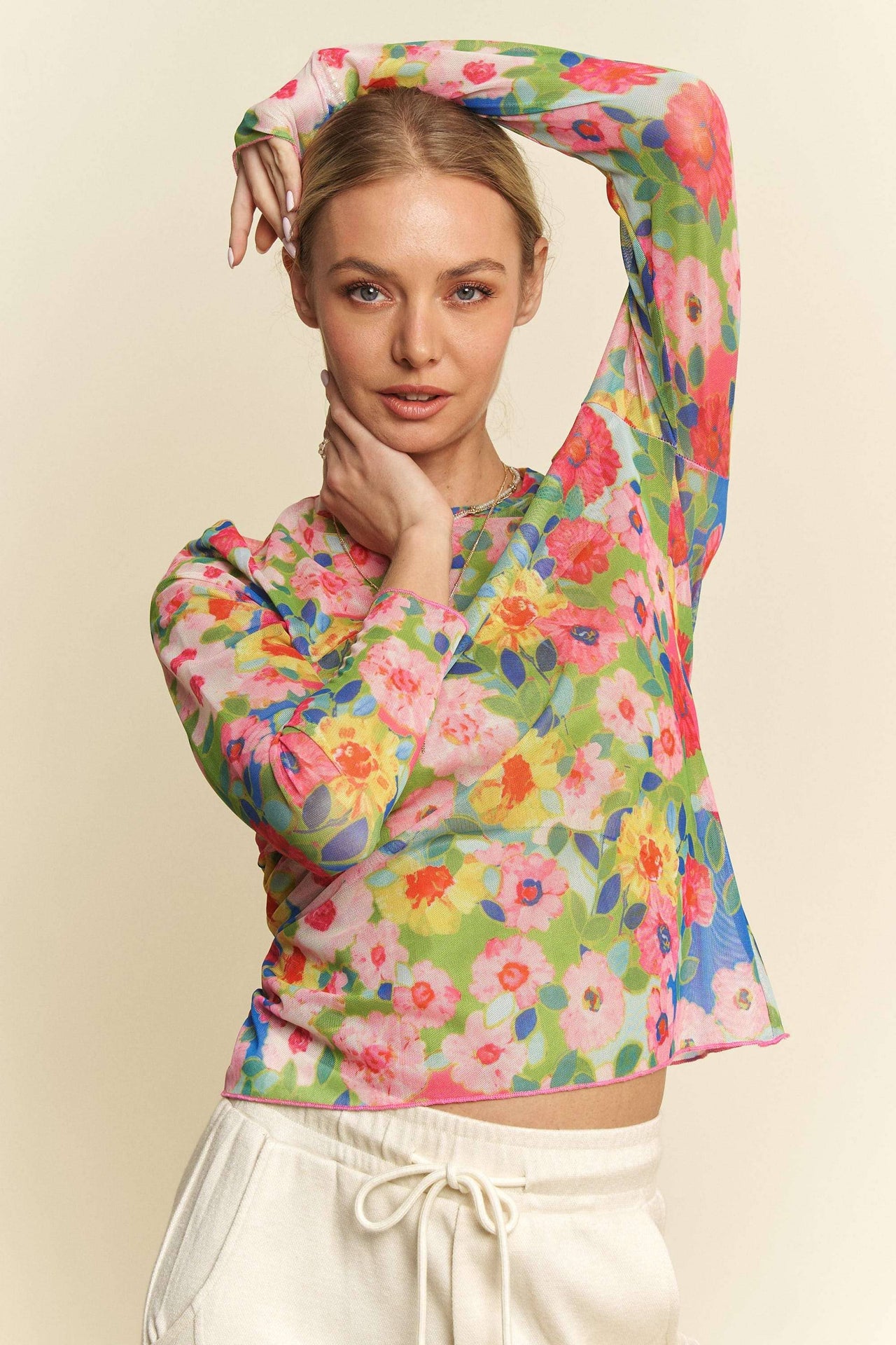 FLOWER PRINTED MESH ROUND NECK LONG SLEEVE TOP