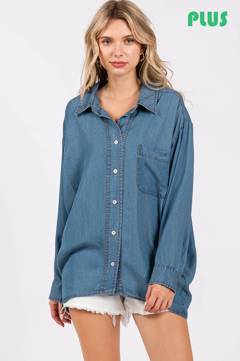 V-NECK LAPEL COLLAR PLUS SIZE SHIRT- Denim: DENIM