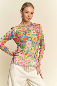 Thumbnail for FLOWER PRINTED MESH ROUND NECK LONG SLEEVE TOP