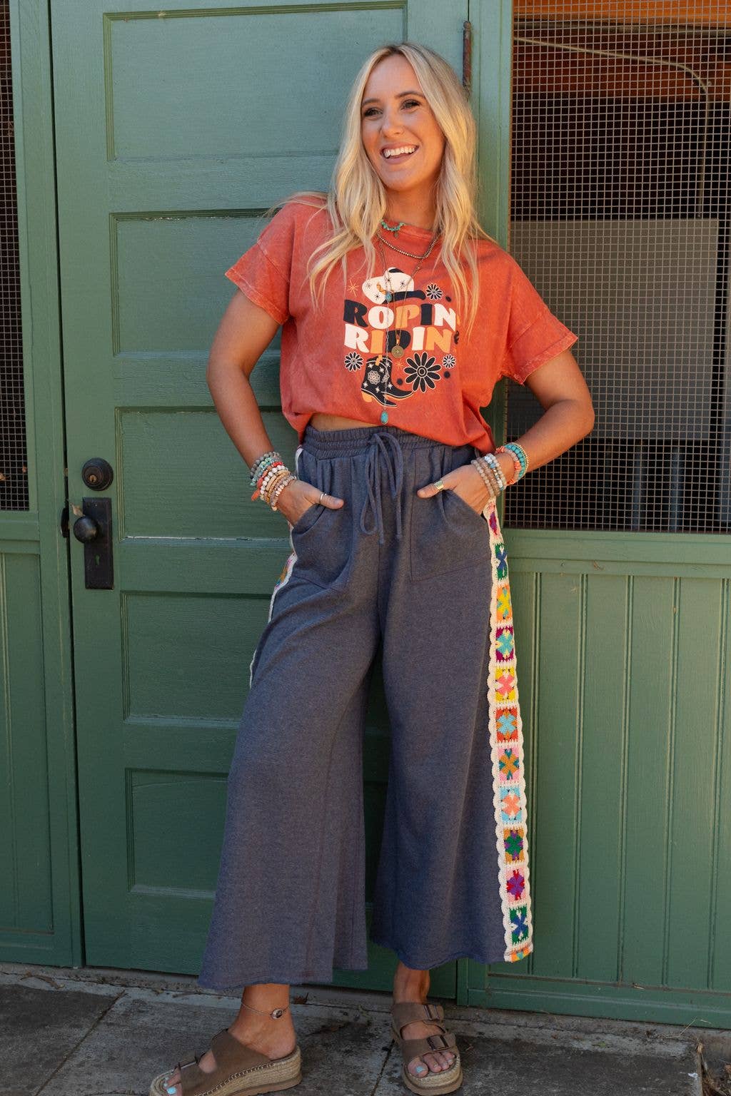 Love Seeker Crochet Panel Pants - Heather Navy: