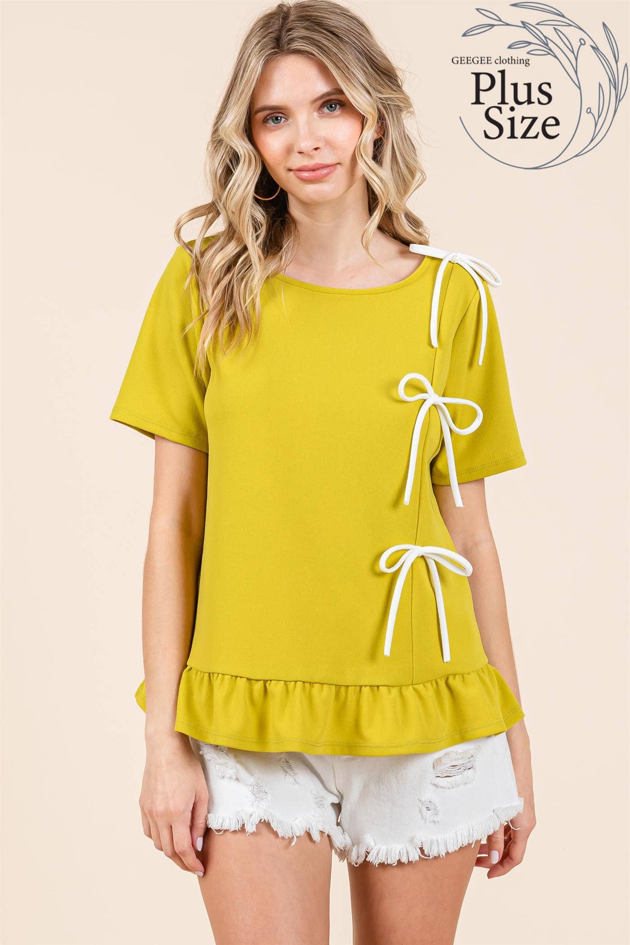 Plus 3-Bow Short Sleeve Top