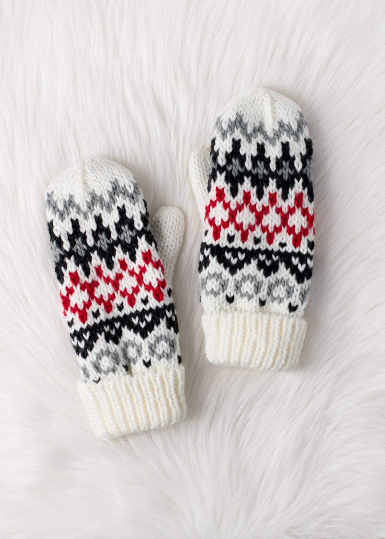 Ivory, Red & Gray Winter Pattern Mittens