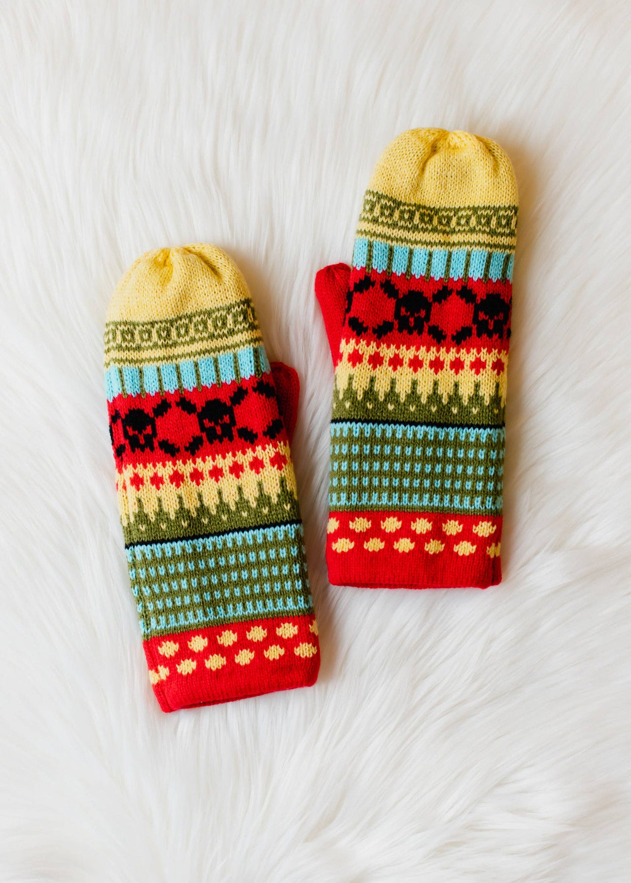 Yellow, Red & Black Patterned Knit Mittens