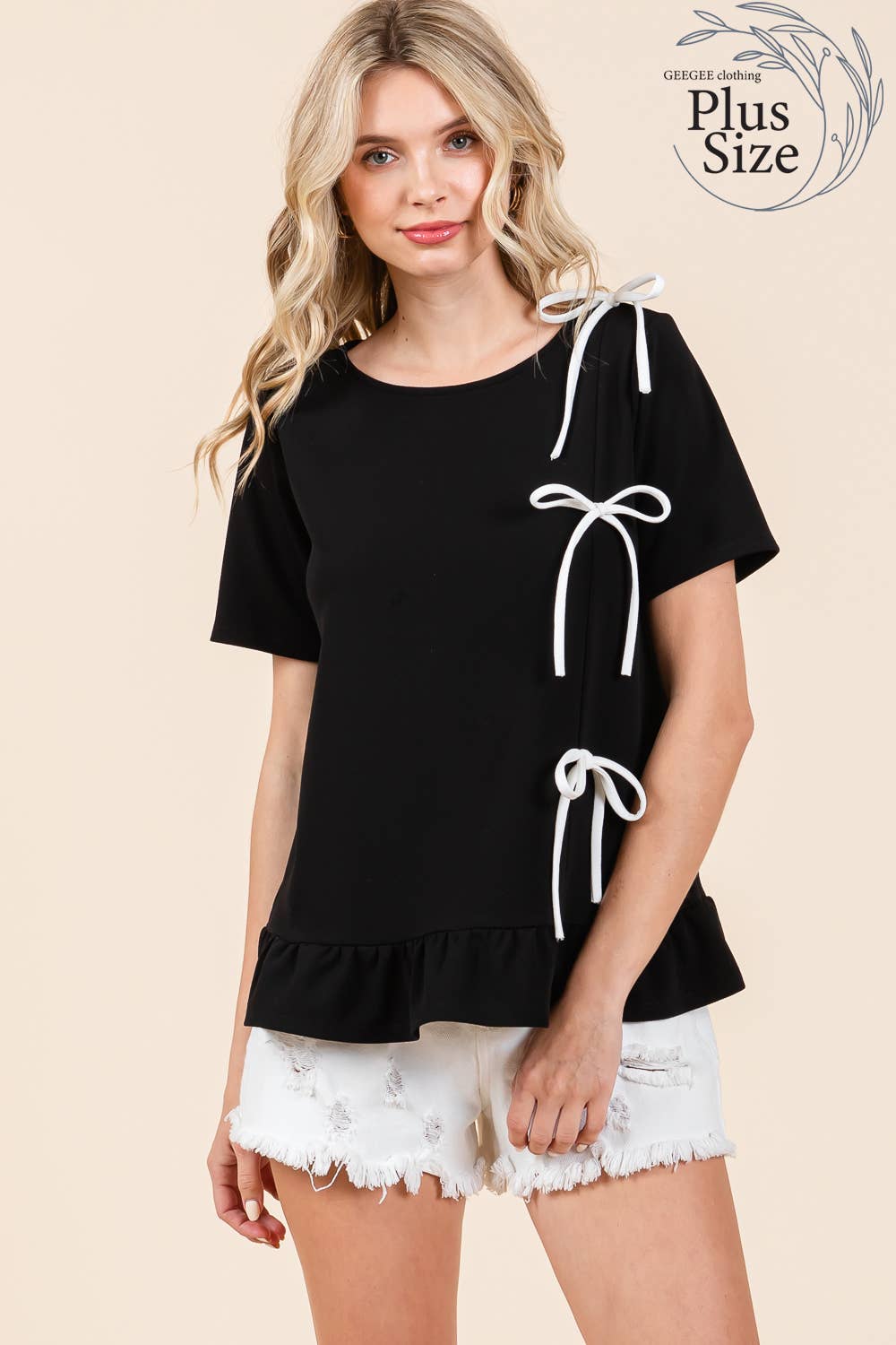 Plus 3-Bow Short Sleeve Top