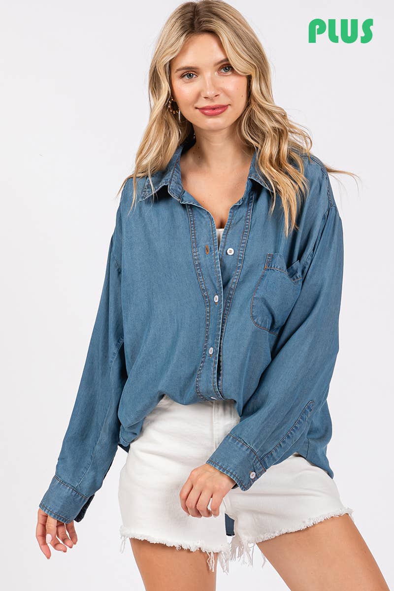 V-NECK LAPEL COLLAR PLUS SIZE SHIRT- Denim: DENIM