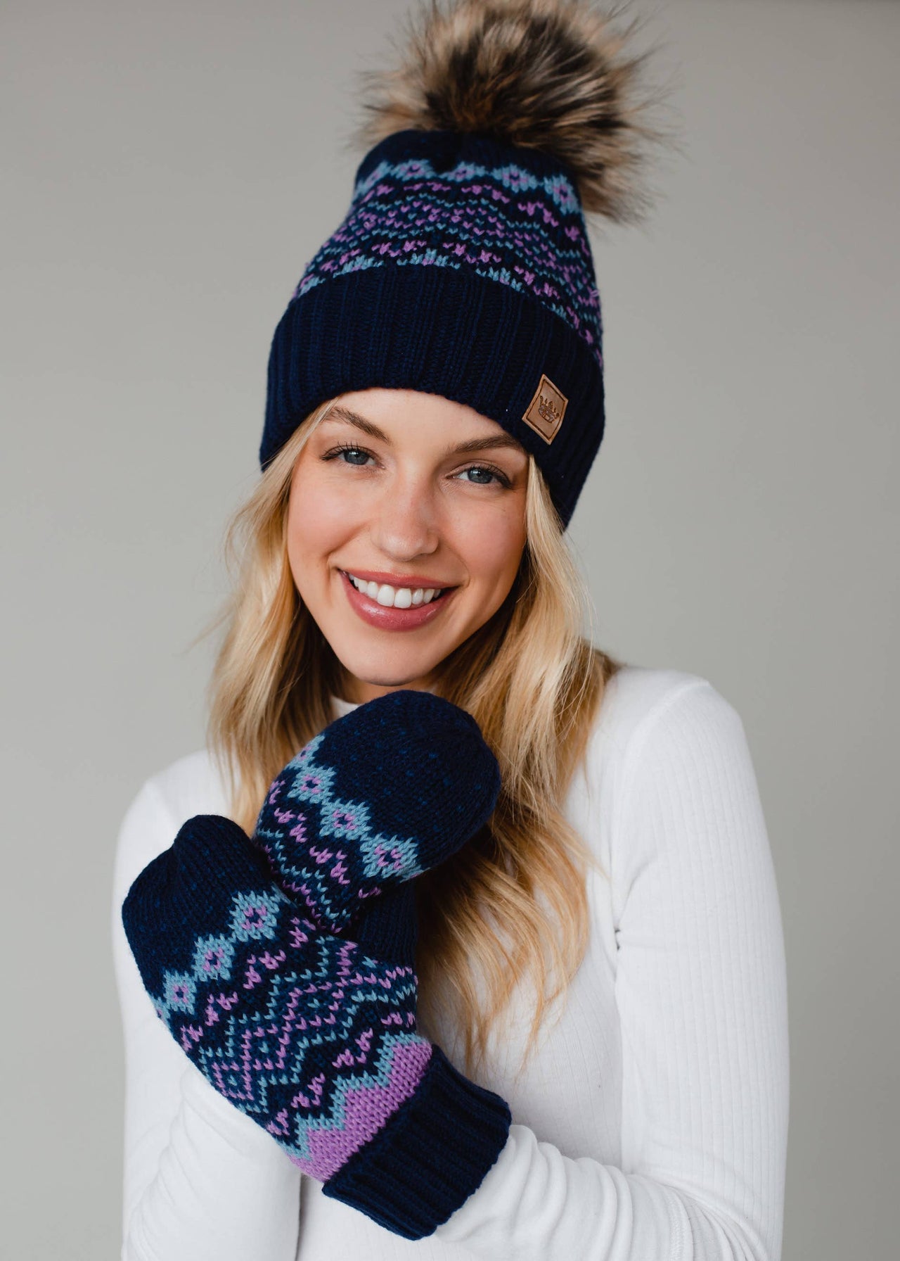 Blue, Purple & Lt. Blue Patterned Pom Hat