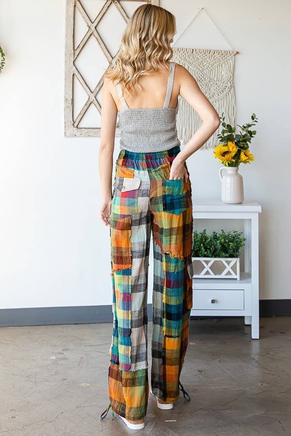 WASHED PLAID PATCHWORK PANTS