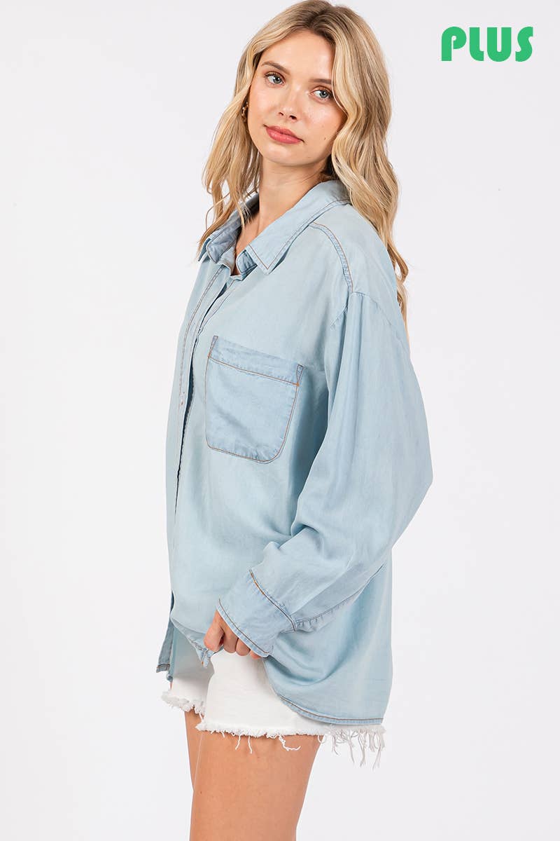 V-NECK LAPEL COLLAR PLUS SIZE SHIRT- L. Denim : LIGHT DENIM