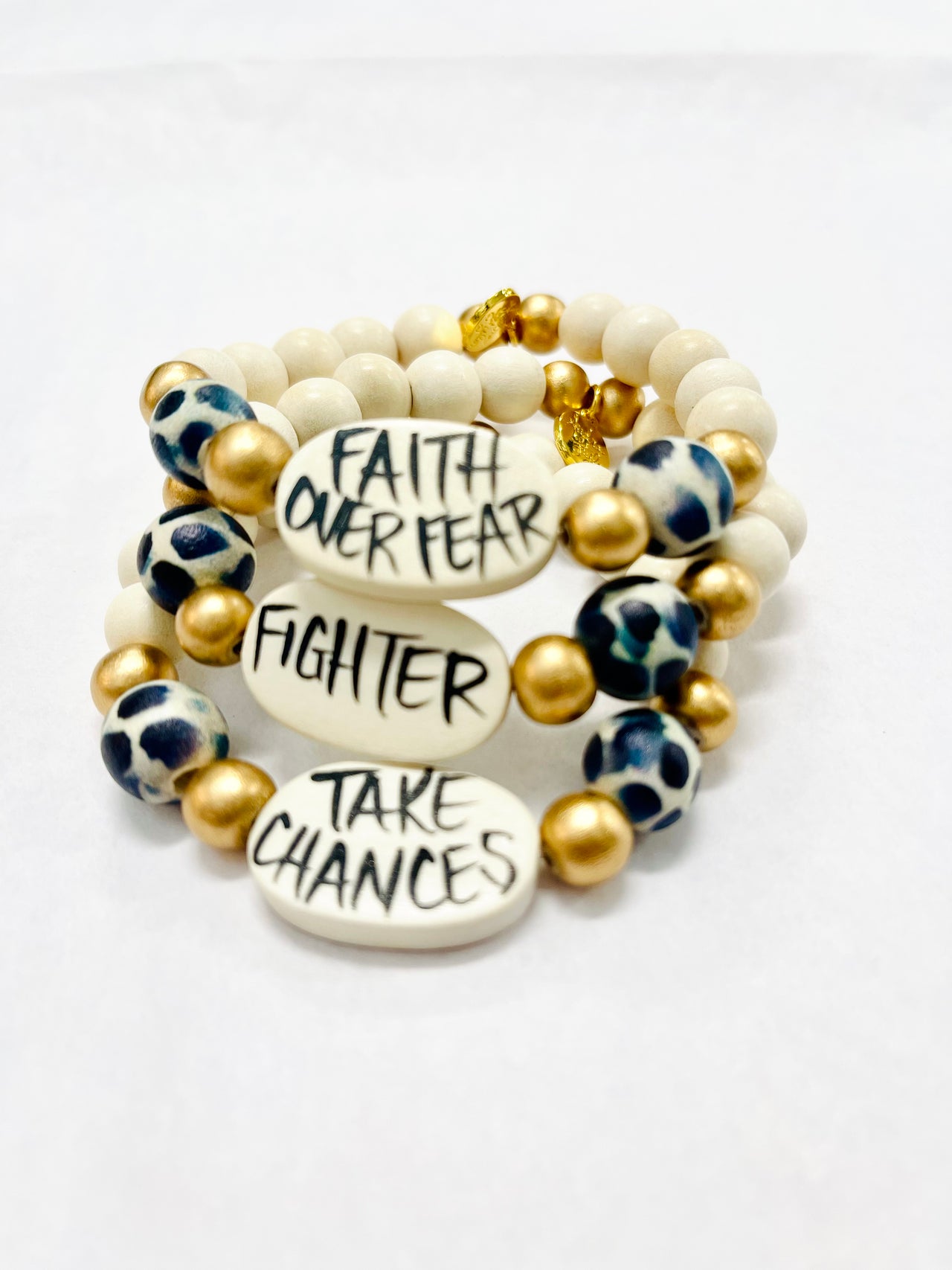Affirmation Word Beaded Bracelets Inspirational - Black Dot - Large Oval: