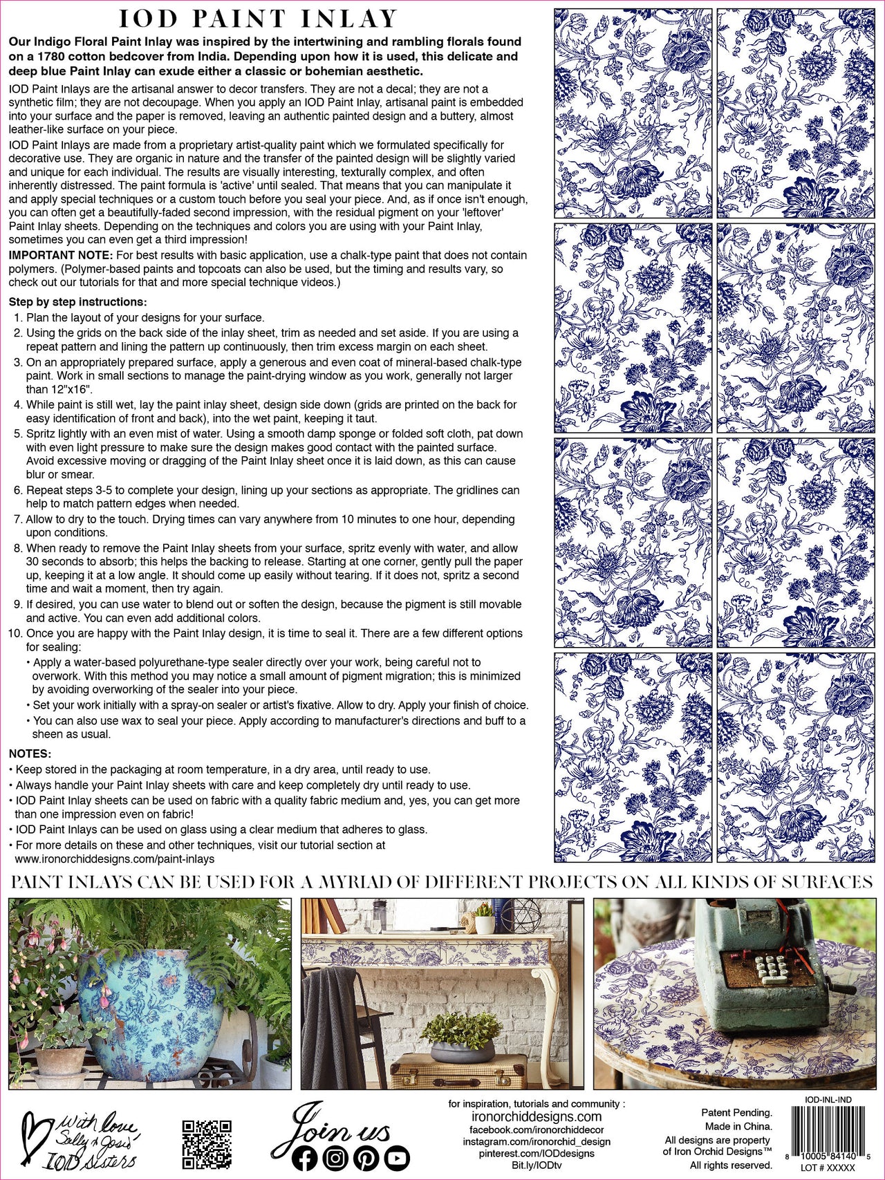 Indigo Floral IOD Paint Inlay 12x16 Pad™- Iron Orchid Designs