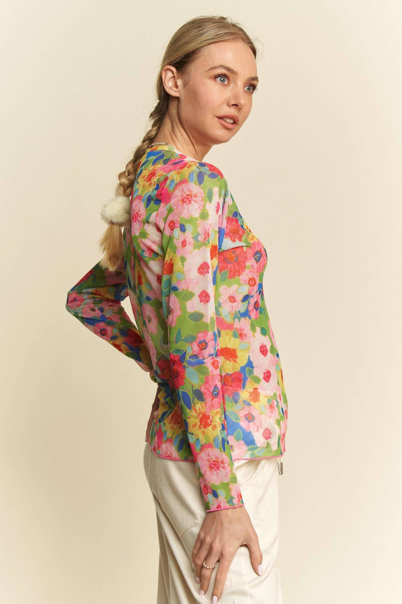 FLOWER PRINTED MESH ROUND NECK LONG SLEEVE TOP