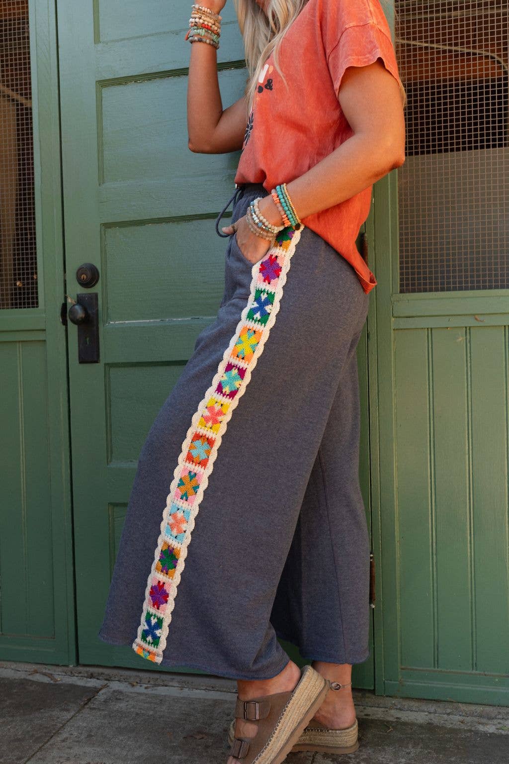 Love Seeker Crochet Panel Pants - Heather Navy: