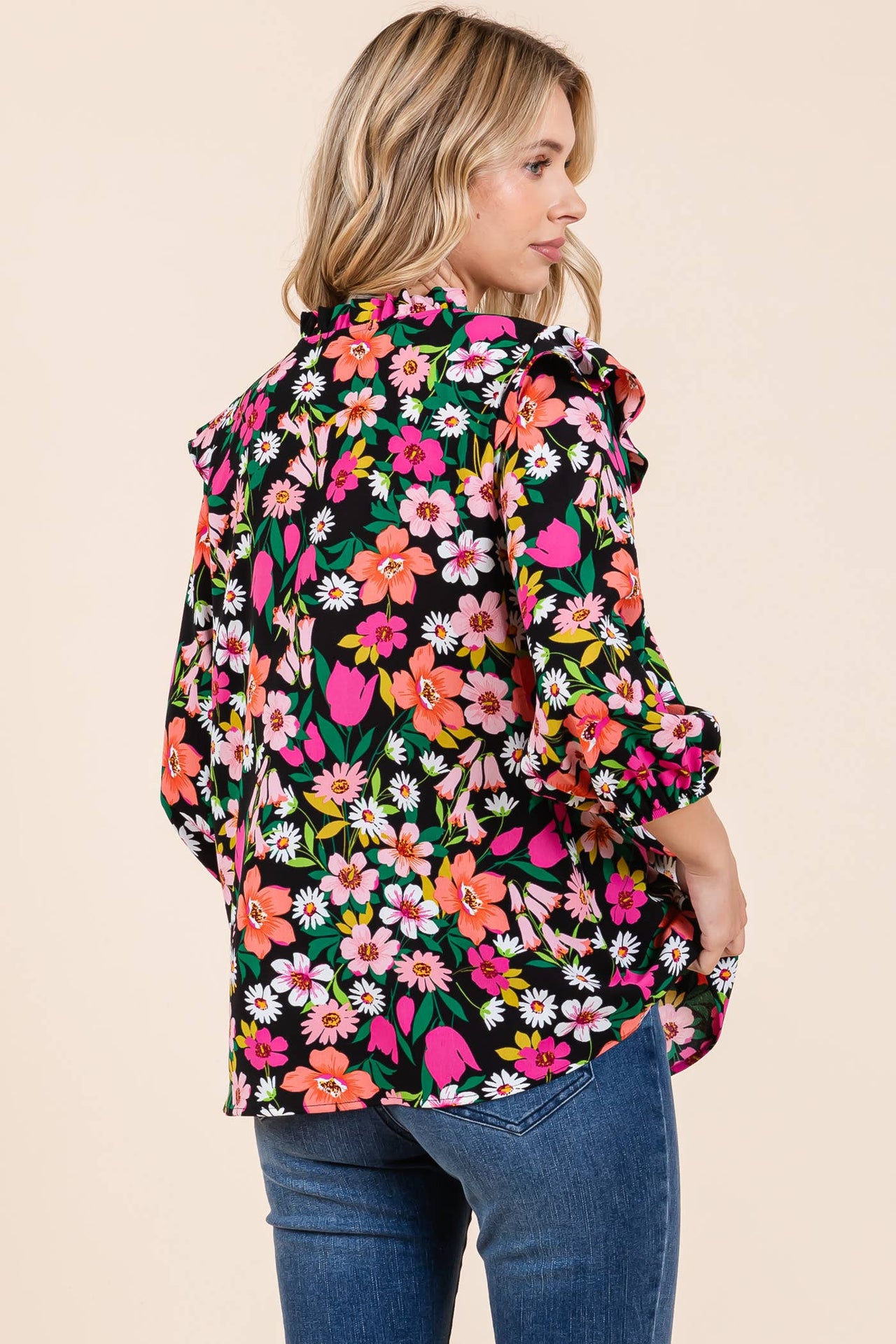 Plus Floral Print Ruffle Trim Blouse