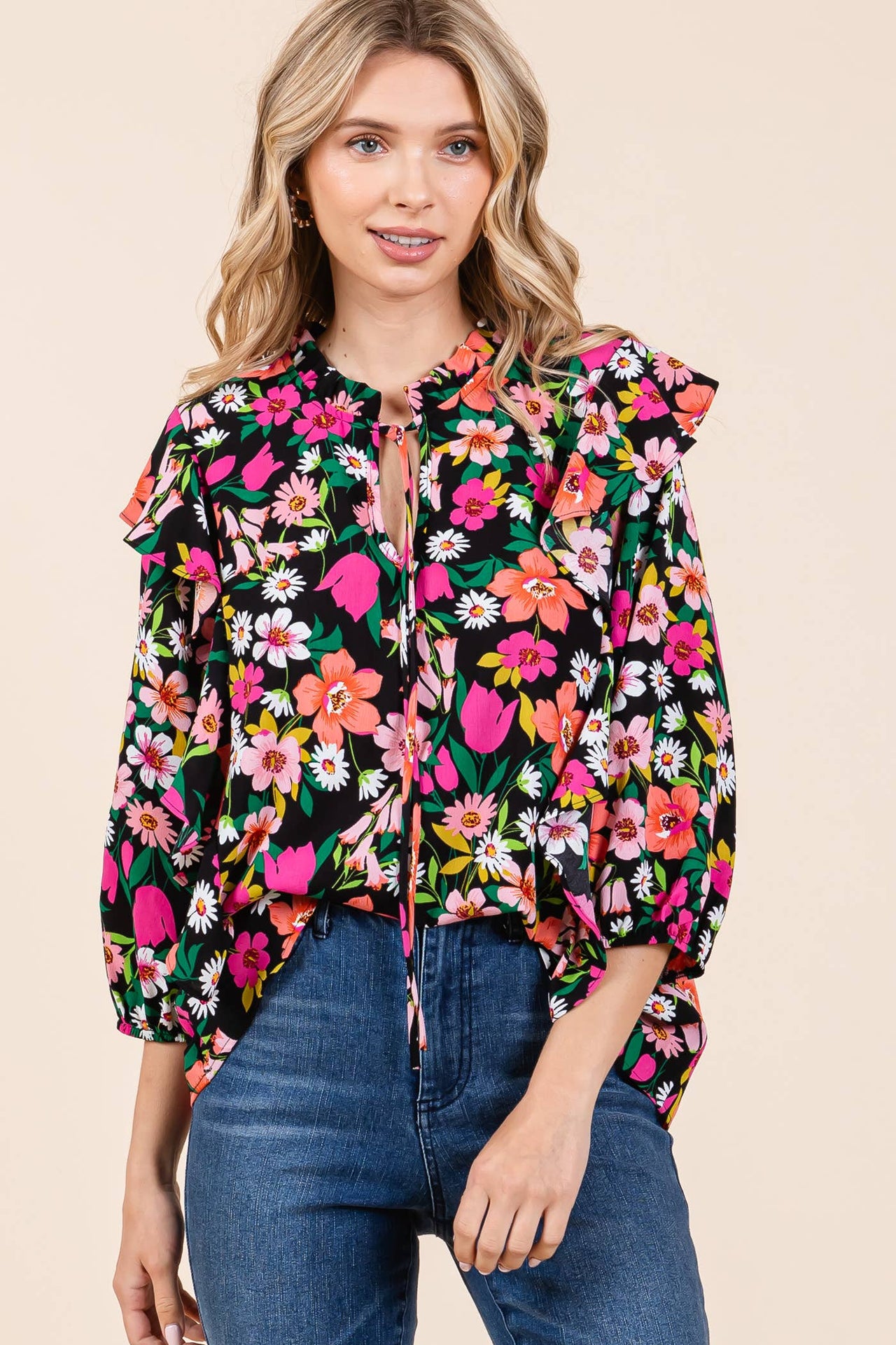 Floral Print Ruffle Trim Blouse