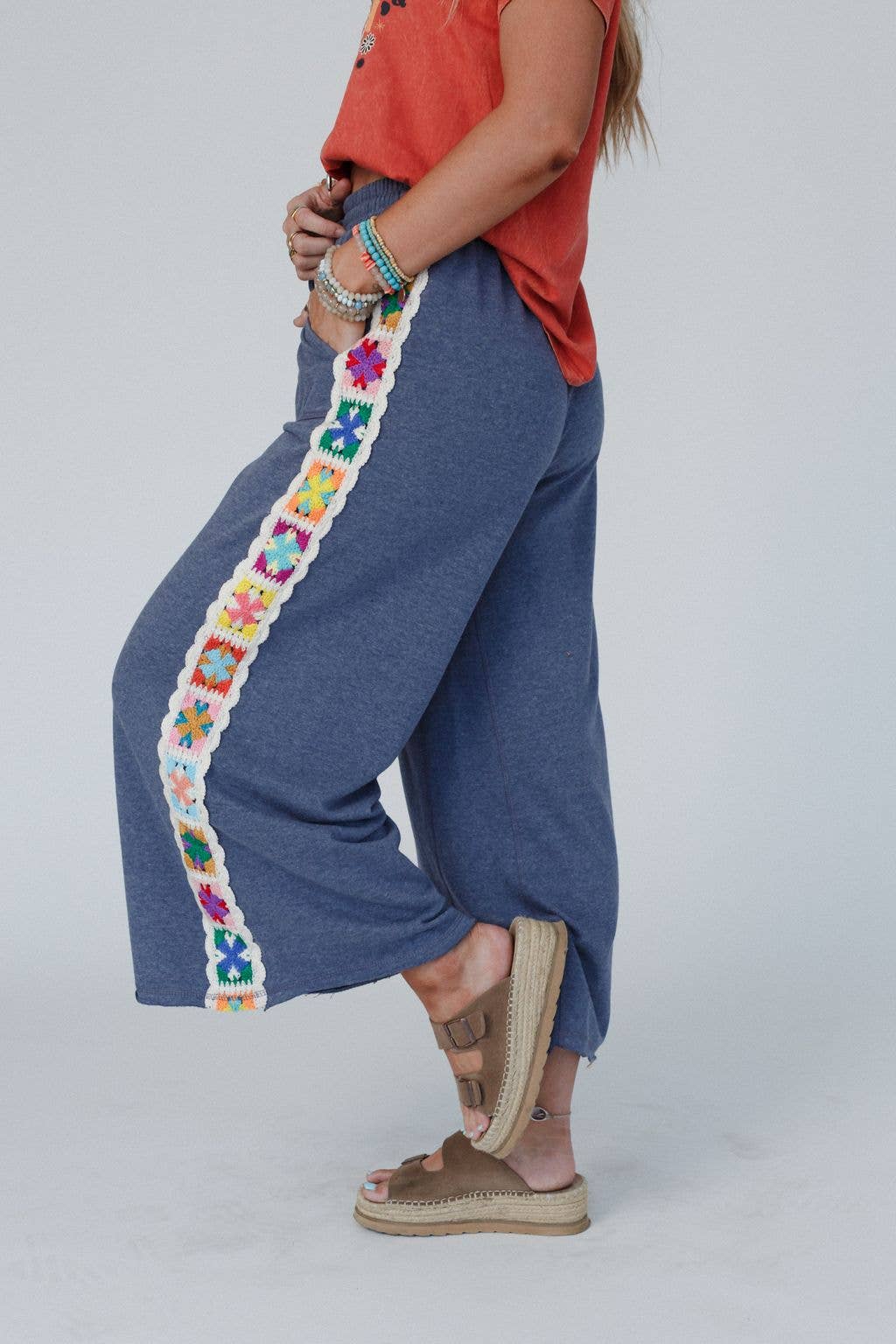 Love Seeker Crochet Panel Pants - Heather Navy: