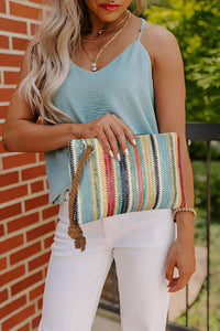Thumbnail for Multicolor Colorblock Tasseled Décor Straw Bag