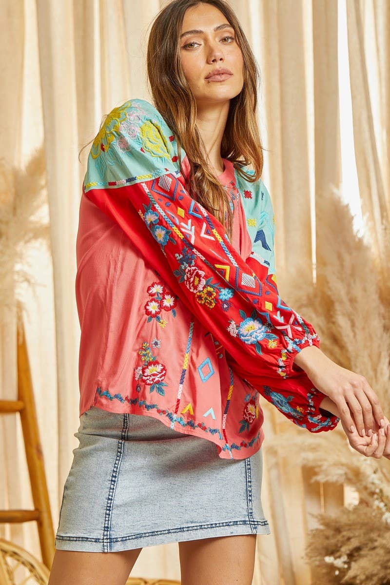 Embroidered Tunic Top CORAL MULTI