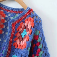 Thumbnail for Cropped Crochet flower Sweater Cardigan: Blue