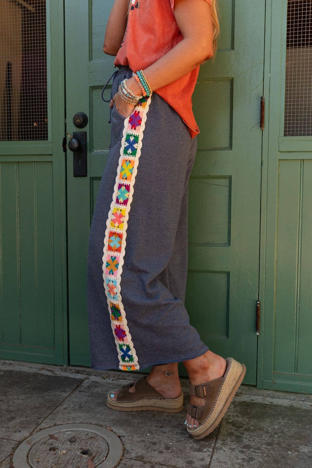 Love Seeker Crochet Panel Pants - Heather Navy: