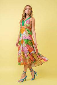 Thumbnail for Tropical Halter Strap Empire Tiered Midi Dress: MULTI GREEN