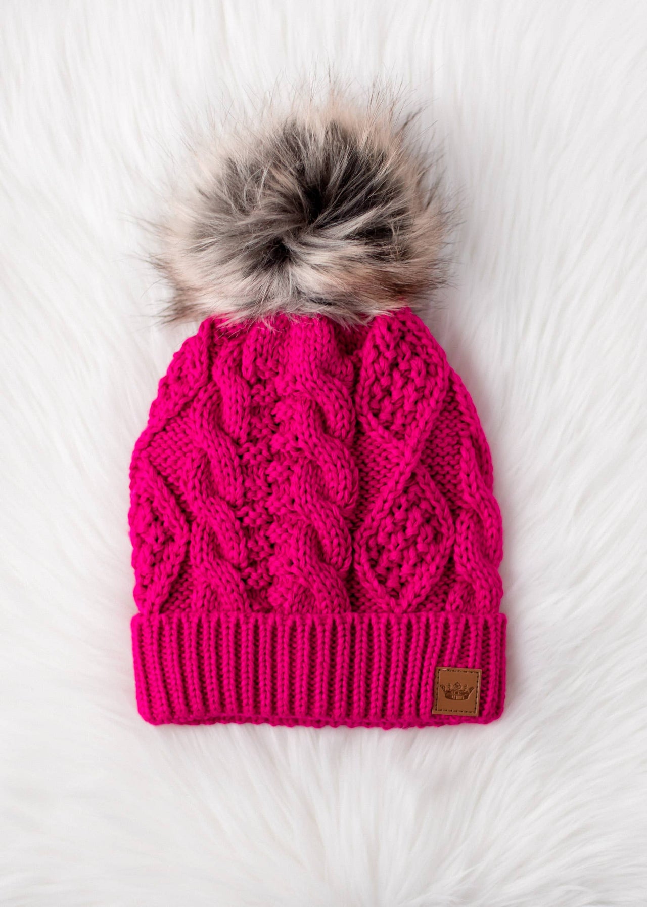 Bright Pink Cable Knit Pom Hat