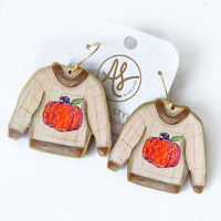 Thumbnail for Fall Halloween Statement Earring Orange Pumpkin Sweater Dangle