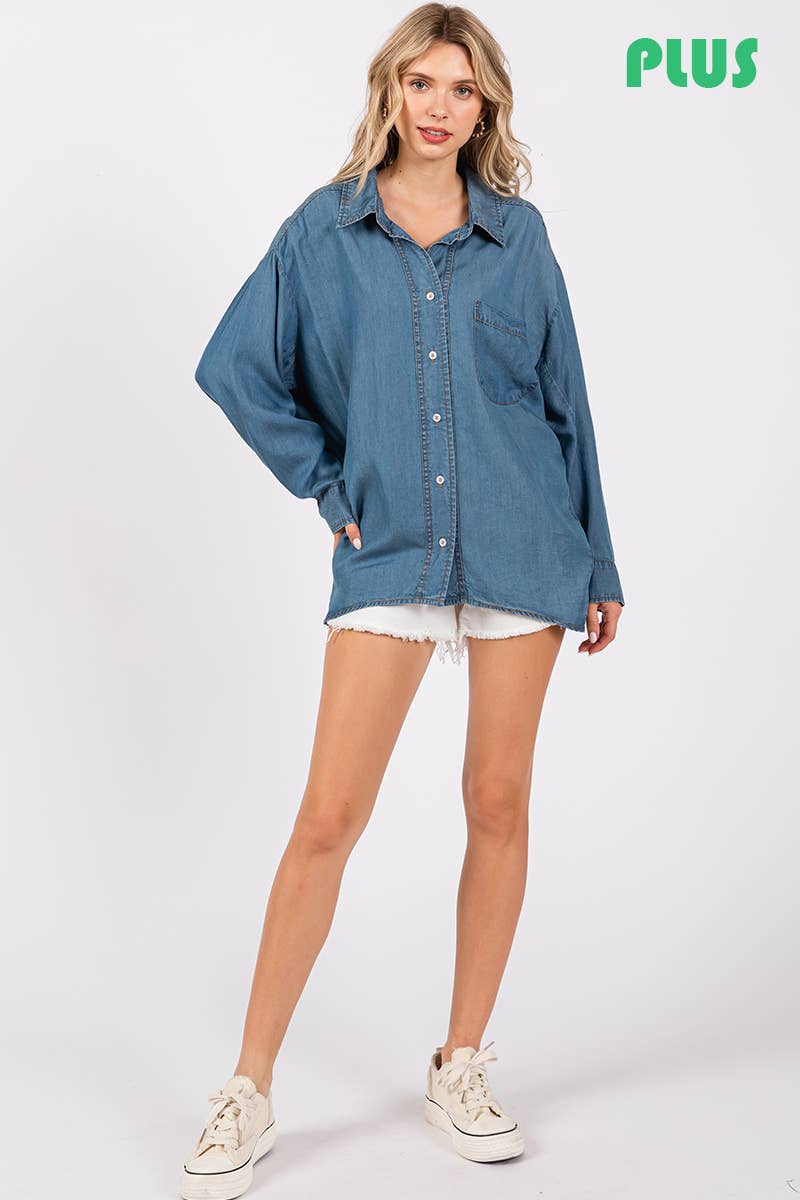 V-NECK LAPEL COLLAR PLUS SIZE SHIRT- Denim: DENIM