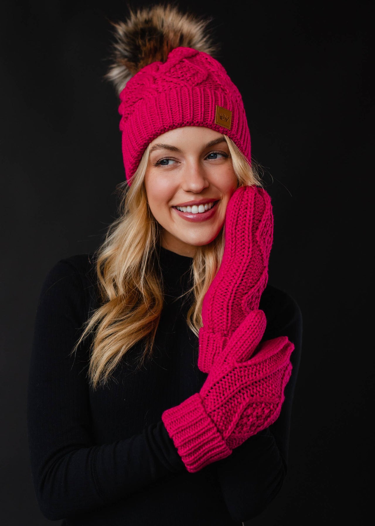 Bright Pink Cable Knit Pom Hat