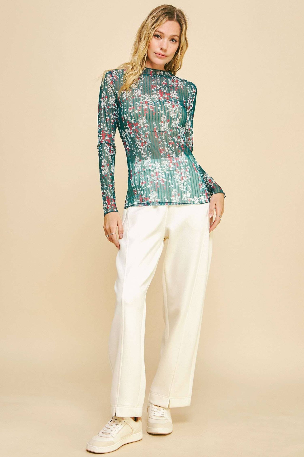 PLUS FLORAL PRINT LAYERING LONG SLEEVES MESH TOP