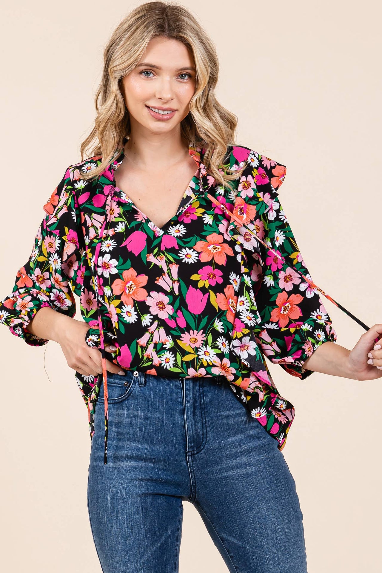 Floral Print Ruffle Trim Blouse