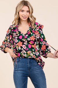 Thumbnail for Floral Print Ruffle Trim Blouse