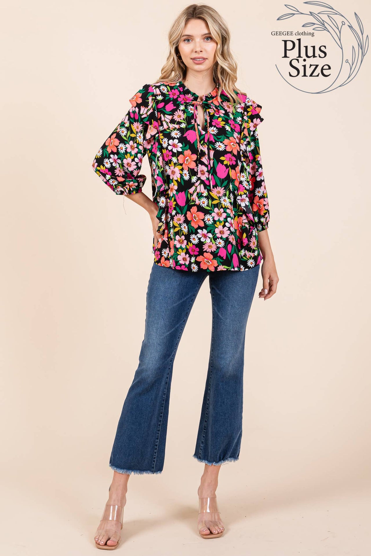 Plus Floral Print Ruffle Trim Blouse